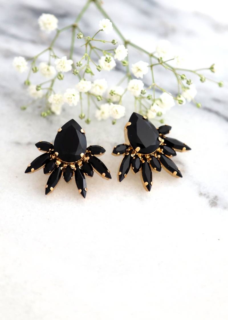 Schwarz Gold Ohrringe, Kristall Cluster Braut Brautjungfern Schwarze Ohrstecker von iloniti