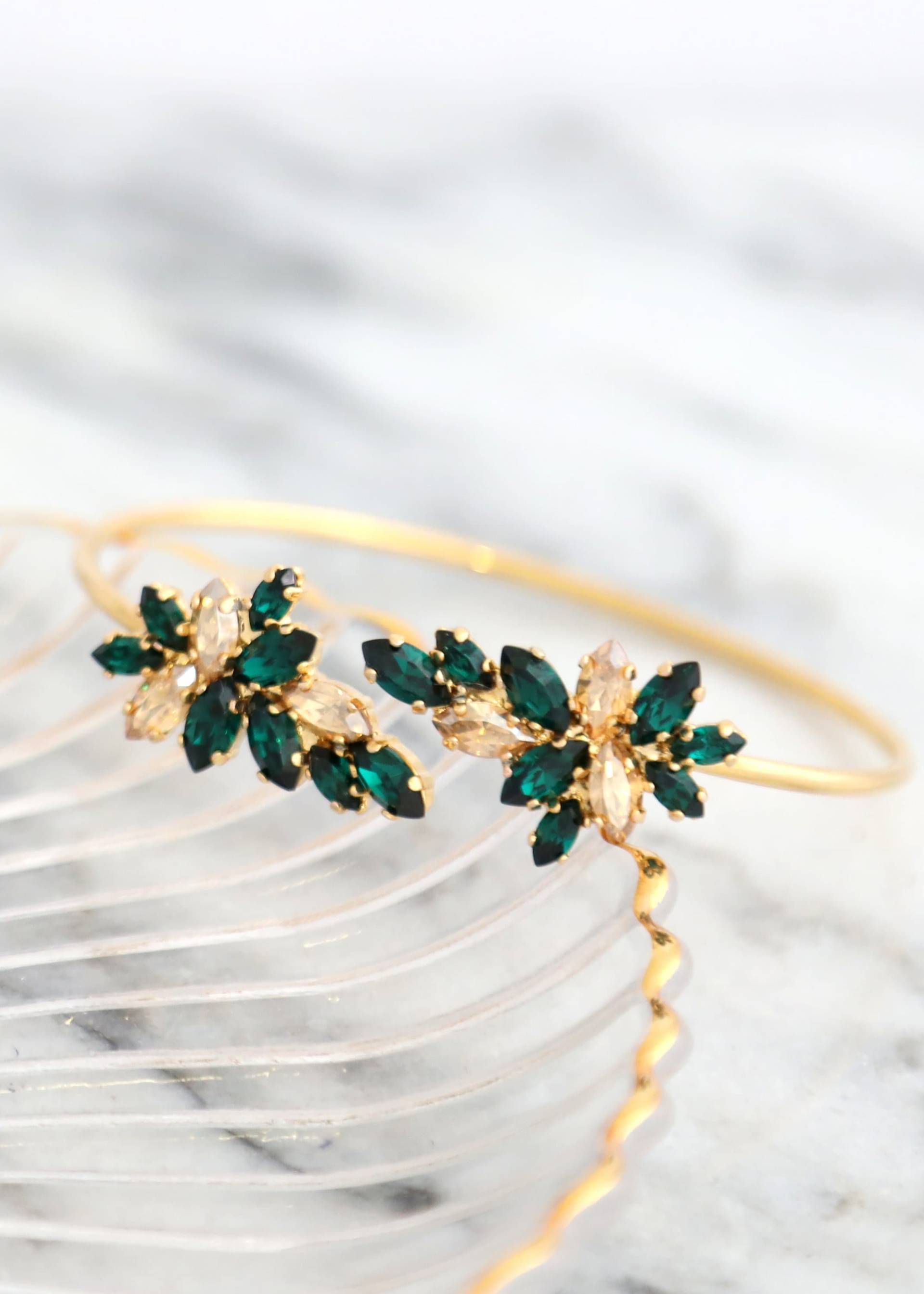 Smaragd-Gold-Armband, Smaragd-Champagner-Kristall-Armband, Braut-Smaragdgrün-Kristall-Armband, Smaragd-Manschetten-Kristall-Gold-Armband von iloniti