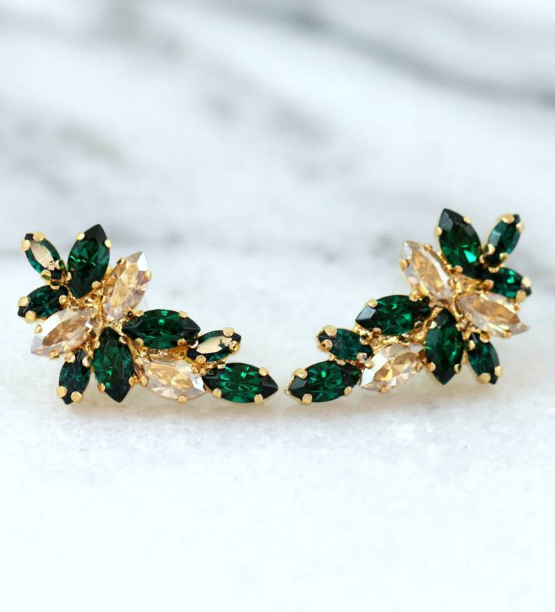 Smaragd Grüne Ohrstecker Kristallohrringe, Braut Ohrringe, Kletternde Cluster Geschenk Für Frau von iloniti
