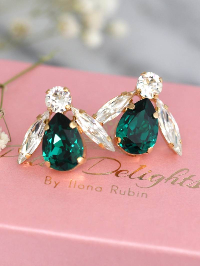 Smaragd Ohrringe, Braut Tiefgrüne Kristallohrringe, Brautjungfern Geschenk Für Sie, Smaragdgrün Ohrstecker von iloniti