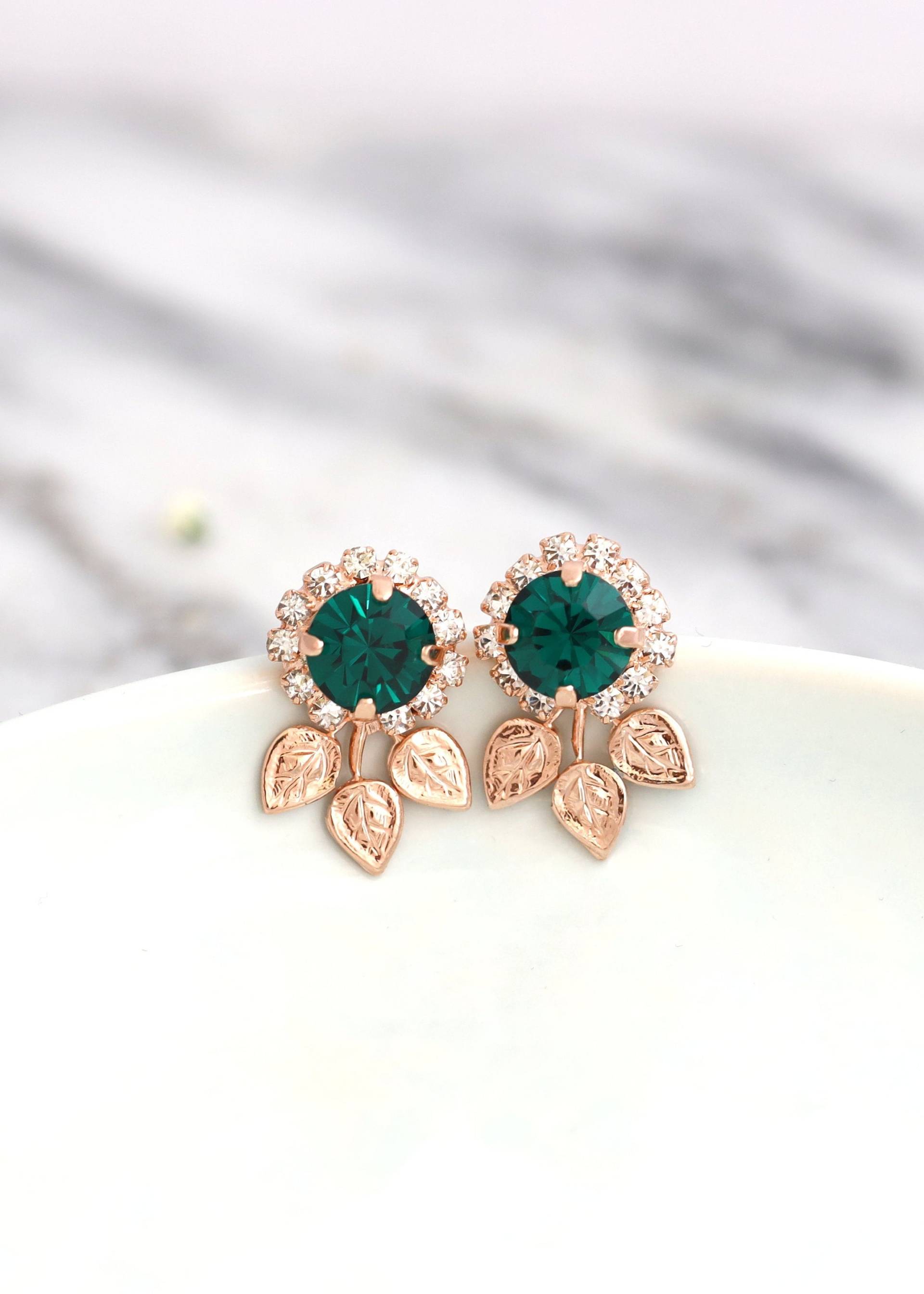 Smaragd Ohrstecker, Braut Kristall Blume Grüne Ohrringe, Brautjungfern Dunkelgrüne Ohrringe von iloniti