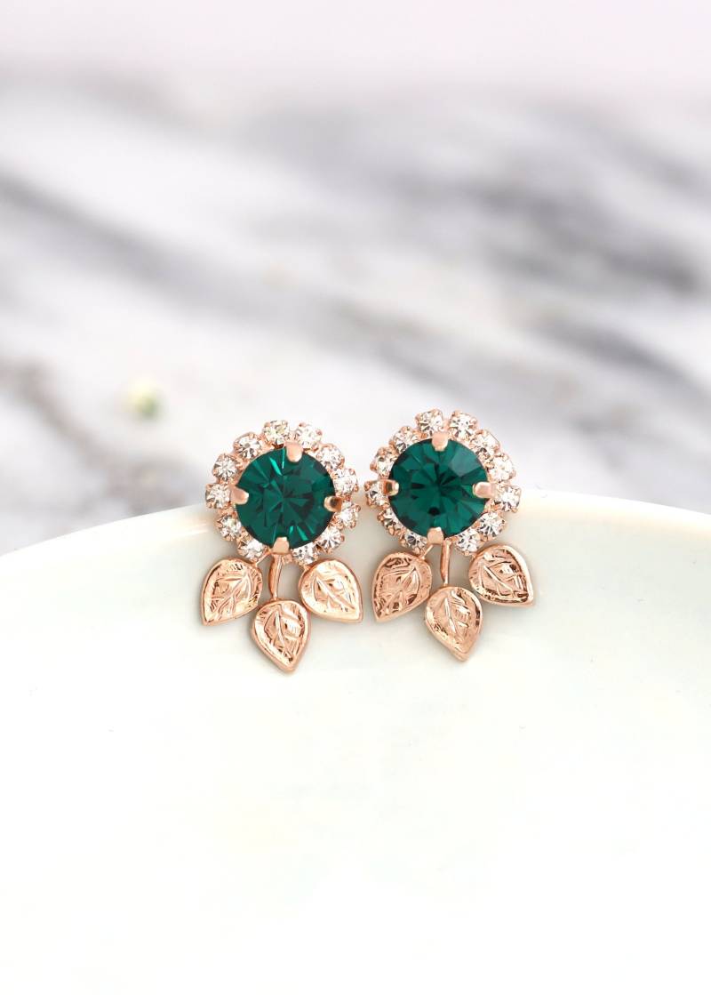 Smaragd Ohrstecker, Braut Kristall Blume Grüne Ohrringe, Brautjungfern Dunkelgrüne Ohrringe von iloniti