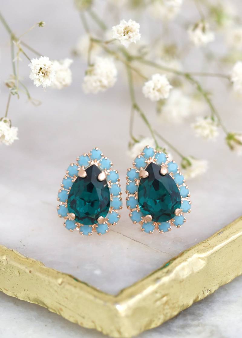 Smaragd Ohrstecker, Grüne Kristall Braut Mini Grün Blau Ohrringe, Brautjungfern Ohrringe von iloniti