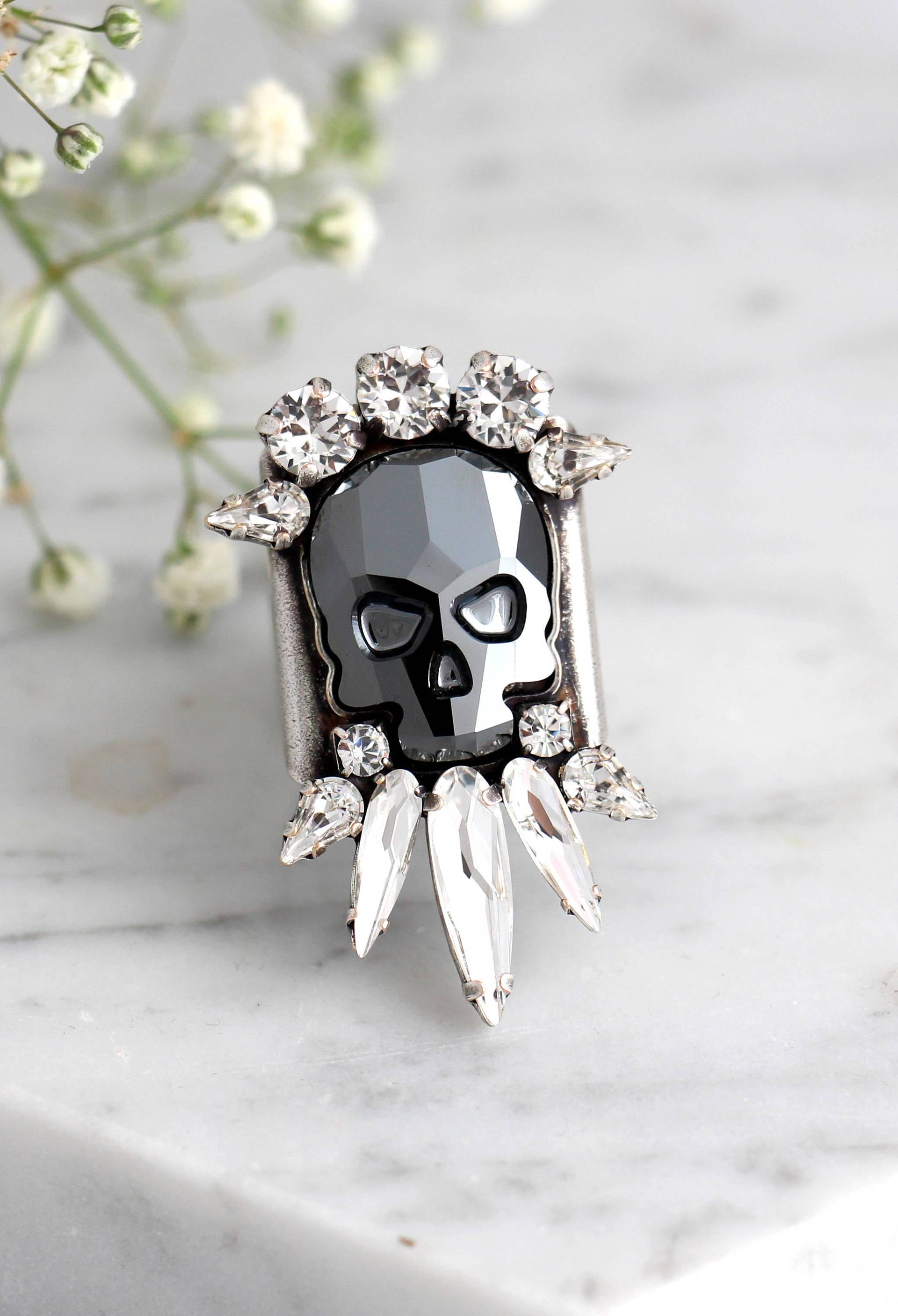 Totenkopf Ring, Silber Cocktail Gothic Sugar Skull Brautring, Verstellbarer Kristall Geschenk Für Frau von iloniti