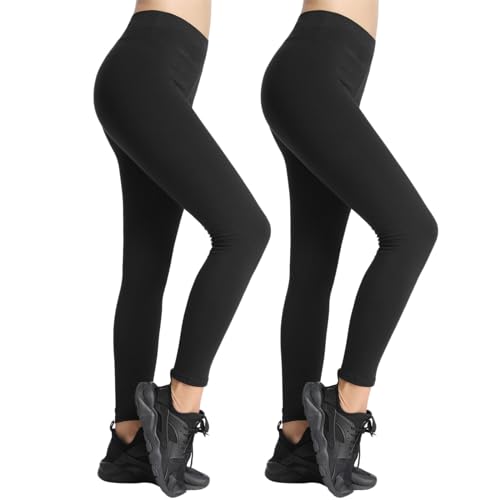 iLoveSIA 2er Pack Damen High-Waist Leggings 7/8-Länge -Sportleggings aus blickdichter, weicher Baumwolle für Yoga Fitness Laufen Freizeit Schwarz+Schwarz Size L von iLoveSIA