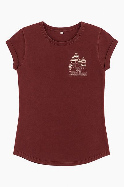 ilovemixtapes Bio Damen T-Shirt "Leuchtturmland" – Stone Washed Burgundy mit Leuchtturm Illustration von ilovemixtapes