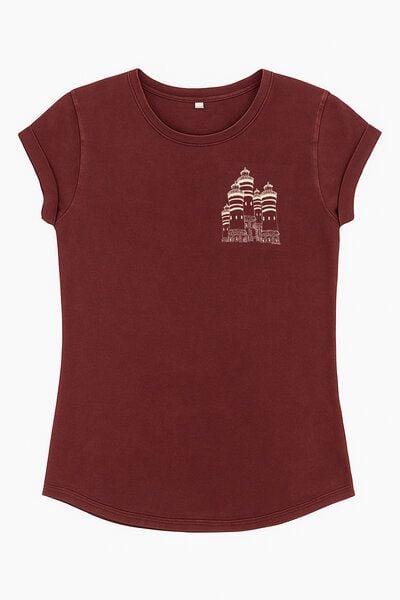 ilovemixtapes Bio Damen T-Shirt "Leuchtturmland" – Stone Washed Burgundy mit Leuchtturm Illustration von ilovemixtapes