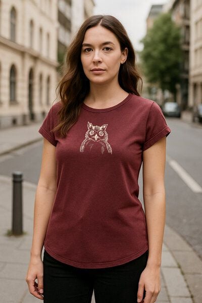 ilovemixtapes Bio Damen T-Shirt "Nachtschicht" mit Eulen-Motiv – Stone Washed Burgundy | Vegan & fair produziert von ilovemixtapes