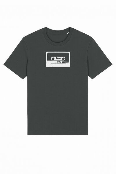 ilovemixtapes Unisex Bio-T-Shirt mit C90 Kassetten-Motiv – Anthrazit, handbedruckt in Weiß von ilovemixtapes