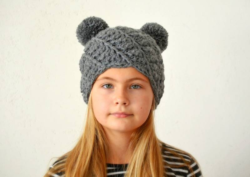 Gehäkelte Doppel Pom Mütze Graue Maus Ohren Mütze von ilzeBoutique