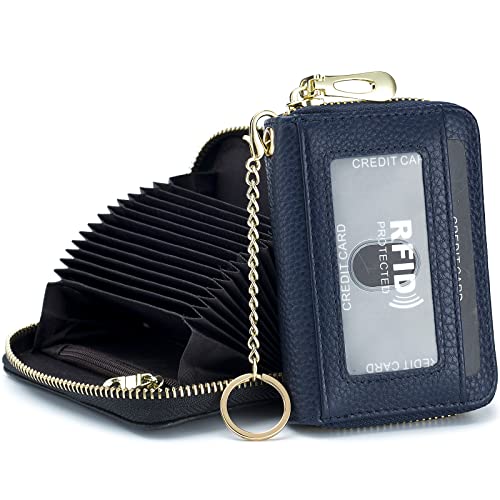 imeetu Card Holder for Women RFID Card Holder Wallet Slim Leather Cardholder Damen with 12 Card Slots, 2 Wide Cash Slots, Keyring & ID Window (Small,Dunkelblau) von imeetu
