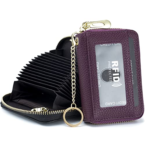 imeetu Card Holder for Women RFID Card Holder Wallet Slim Leather Cardholder Damen with 12 Card Slots, 2 Wide Cash Slots, Keyring & ID Window (Small,Dunkelviolett) von imeetu
