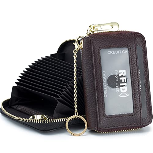 imeetu Card Holder for Women RFID Card Holder Wallet Slim Leather Cardholder Damen with 12 Card Slots, 2 Wide Cash Slots, Keyring & ID Window (Small,Kaffee) von imeetu