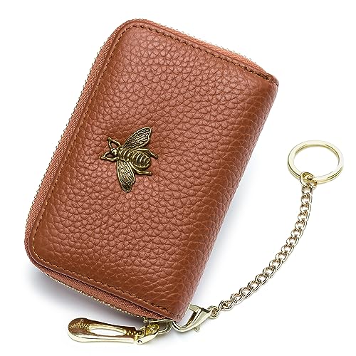 imeetu RFID-Kartenetui, kleines Lederetui mit Reißverschluss, Schlüsselanhänger und Sichtfenster für Damen (Pro, Braun) von imeetu