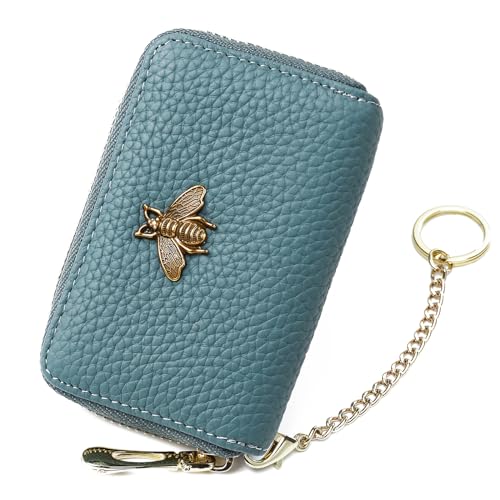 imeetu RFID-Kartenetui, kleines Lederetui mit Reißverschluss, Schlüsselanhänger und Sichtfenster für Damen (Pro, Pfauenblau) von imeetu