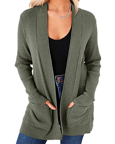 imesrun Damen Strickjacke mit offener Vorderseite, langärmelig, klassischer Strickpullover, Oberbekleidung mit Taschen, A_oliv, Mittel von imesrun