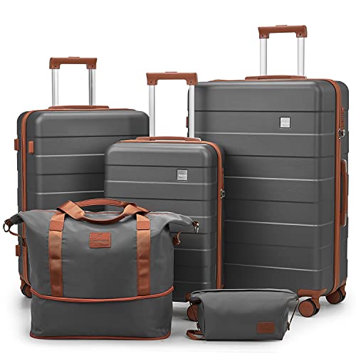 imiomo 3-teiliges Gepäck-Set, Koffer mit Spinnrädern, Gepäck-Set für Damen, leicht, rollbar, Hartschalen-Reisegepäck mit TSA-Schloss, grau, 5PCS Set, Hartschalengepäck mit Spinnrädern von imiomo