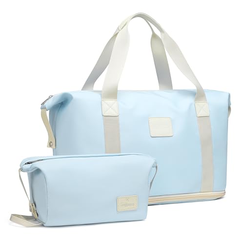 Imiomo Reisetasche Damen, Faltbare Sporttasche Overnight Weekend Handgepäck für Damen, Kurze Reisen, Urlaub, Sport Gym wasserfest Travel Bag (Lightblue) von imiomo