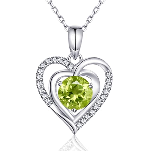 immobird Damen Herzkette Silber mit Natürliche Peridot Herz Geburtsstein Anhänger Halskette Damen Silber 925 Als Geschenk zum Geburtstag Valentinstag von immobird