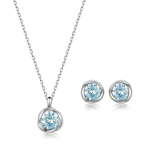 immobird Schmuck Set Damen März Geburtssteine Silber 925 Kette Und Ohrringe Set Aquamarin Zirkon Rose-Design Geschenke Für Frauen Mama von immobird