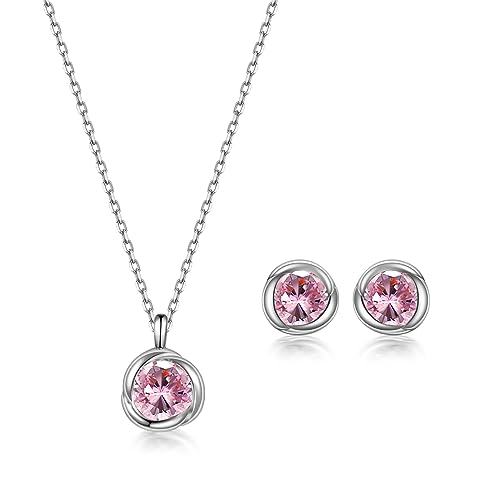 immobird Schmuck Set Damen April Geburtssteine Silber 925 Kette Und Ohrringe Set Runde Morganit-Rose Design Geschenke Für Frauen Mama von immobird