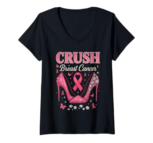 Damen Crush Brustkrebskrieger Unterstützung Brustkrebs High Heel T-Shirt mit V-Ausschnitt von in October We Wear Pink Breast Cancer Apparel Co
