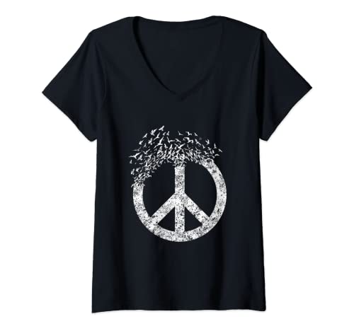 Damen Weißes Peace-Zeichen Tauben 70er Jahre Retro Hippie-Geschenk T-Shirt mit V-Ausschnitt Damen Weißes Peace-Zeichen Tauben 70er Jahre Retro Hippie-Geschenk T-Shirt mit V-Ausschnitt von inGenius Friedenszeichen