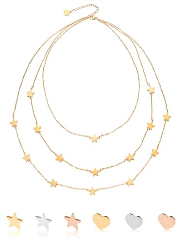 inSCINTILLE Stern Halskette Damen Rostfreier Stahl mit Verstellbarer Schließe, Stern Kette 1/2/3 Faden mit Geschenkbox (Sterne 3 Drähte - Gelbgold) von inSCINTILLE