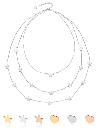 inSCINTILLE Stern Halskette Damen Rostfreier Stahl mit Verstellbarer Schließe, Stern Kette 1/2/3 Faden mit Geschenkbox (Sterne 3 Drähte - Silber) von inSCINTILLE