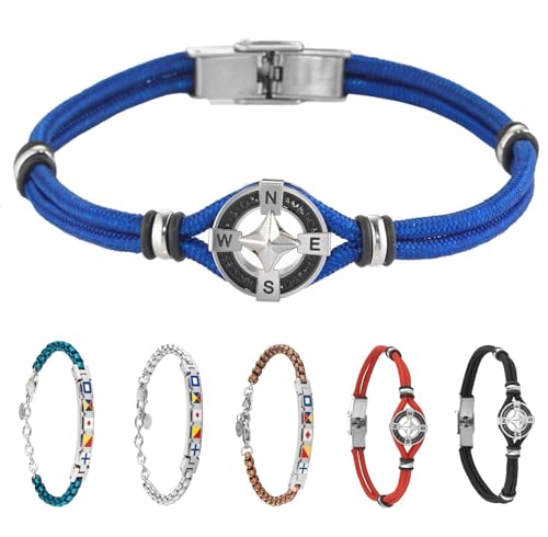 inSCINTILLE Surfer Armband Herren Rostfreier Stahl mit Nautischen Symbolen Verstellbare Länge mit Geschenkbox Enthalten (Kompassrose - Blau) von inSCINTILLE