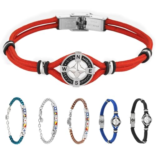 inSCINTILLE Surfer Armband Herren Rostfreier Stahl mit Nautischen Symbolen Verstellbare Länge mit Geschenkbox Enthalten (Kompassrose - Rot) von inSCINTILLE
