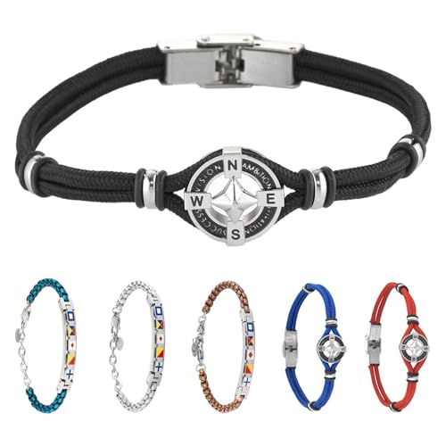 inSCINTILLE Surfer Armband Herren Rostfreier Stahl mit Nautischen Symbolen Verstellbare Länge mit Geschenkbox Enthalten (Kompassrose - Schwarz) von inSCINTILLE