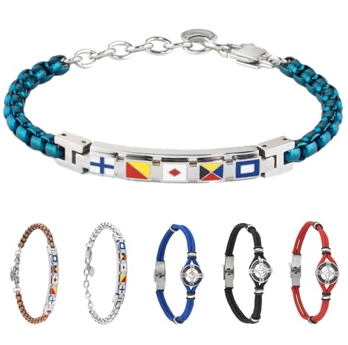 inSCINTILLE Surfer Armband Herren Rostfreier Stahl mit Nautischen Symbolen Verstellbare Länge mit Geschenkbox Enthalten (Nautische Flaggen - Blau) von inSCINTILLE