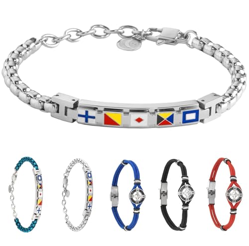 inSCINTILLE Surfer Armband Herren Rostfreier Stahl mit Nautischen Symbolen Verstellbare Länge mit Geschenkbox Enthalten (Nautische Flaggen - Silber) von inSCINTILLE