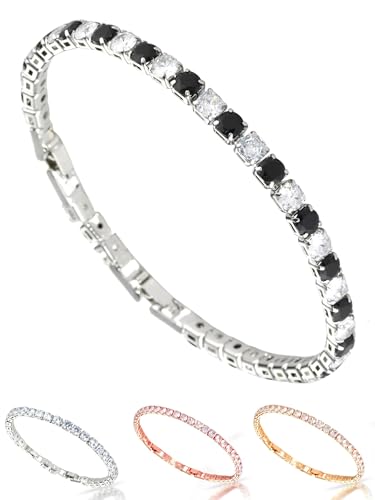 inSCINTILLE Tennisarmband Damen und Herren Armband Unisex mit Zirkonen und Verstellbarer Schnappverschluss (Größe der Steine: 0,30 Cm, Silberne Kette - Schwarzer weißer Stein) von inSCINTILLE