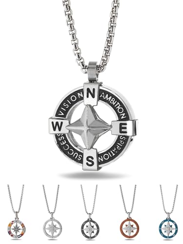 inSCINTILLE Windrose Halskette Herren Rostfreier Stahl Nautischer Anhänger Einstellbare Länge 48-53cm, Inklusive Geschenkbox (Windrose und Kompass) von inSCINTILLE