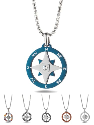 inSCINTILLE Windrose Halskette Herren Rostfreier Stahl Nautischer Anhänger Einstellbare Länge 48-53cm, Inklusive Geschenkbox (Windrose und Zirkon - Blau) von inSCINTILLE