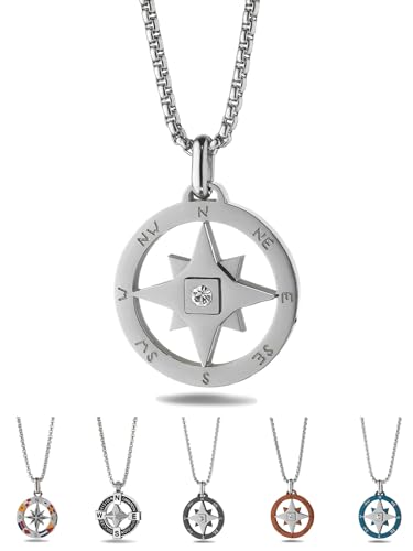 inSCINTILLE Windrose Halskette Herren Rostfreier Stahl Nautischer Anhänger Einstellbare Länge 48-53cm, Inklusive Geschenkbox (Windrose und Zirkon - Silber) von inSCINTILLE