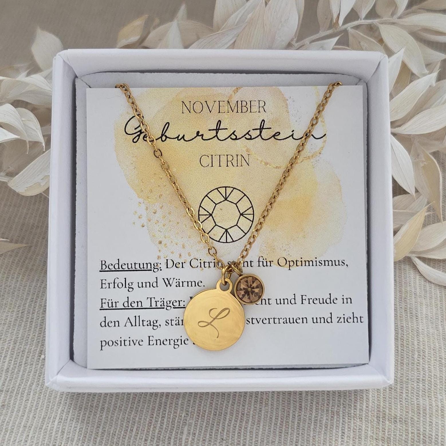 Geburtssteinkette November Citrin | Wasserfeste Edelstahl Halskette Gold, Silber, Rosé Mit Geburtsstein Anhänger Geschenk Frau, Mädchen von inaklam