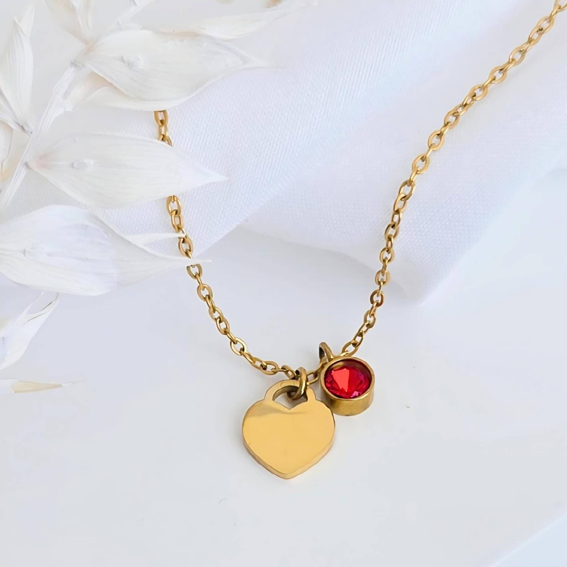 Personalisierte Halskette Mit Gravur Herz & Geburtsstein - Geschenk Für Frauen Edelstahl Vergoldet, Wasserfest Namenskette Mutter Tochter von inaklam