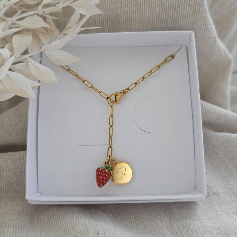 Y-Kette Mit Erdbeer Anhänger Und Gravur Plättchen | Wasserfeste Edelstahl Kette| Personalisiertes Geschenk Halskette Charm von inaklam