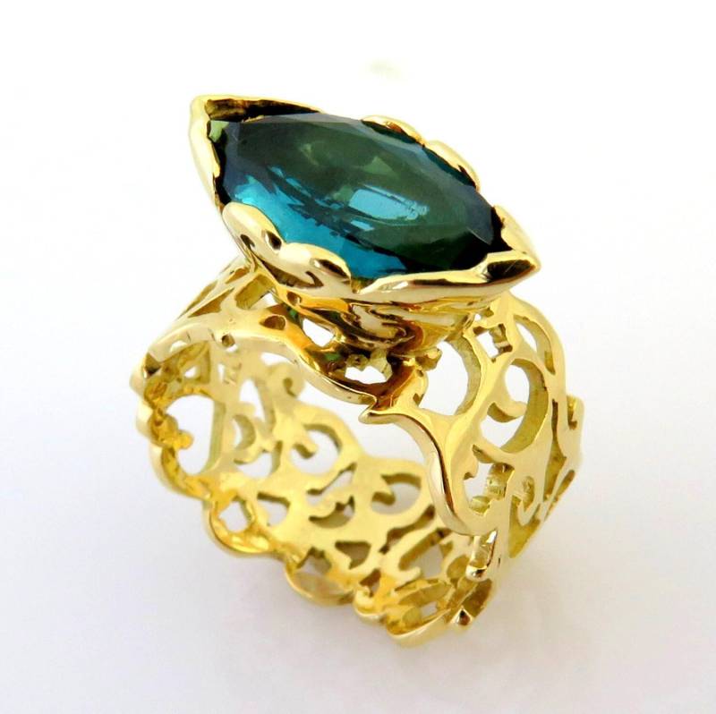 Filigraner Goldring, Turmalin Ring, Goldener Turmalinring, Handgefertigter Goldring von inbarfinejewelry