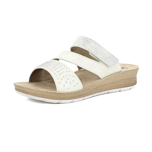 inblu Damen Ciabatte Donna A Fasce Con Chiusura A Strappo Regolabile E Strass, Plantare In Vera Pelle Schiebe-Sandalen, Weiß, 39 EU von inblu
