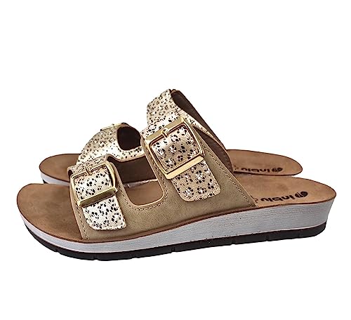 inblu Damen Doppelte Hausschuhe mit Leopardenmuster Schiebe-Sandalen, Sand, 38 EU von inblu