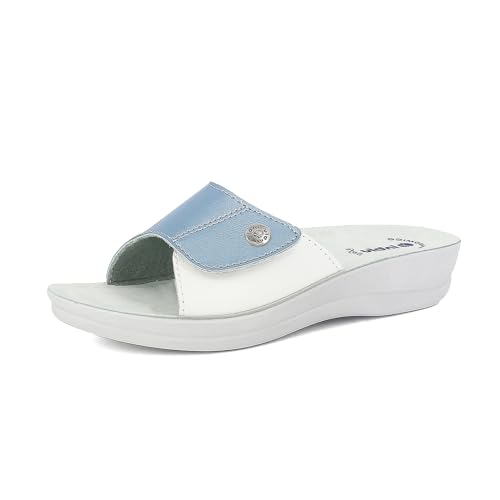 inblu Damen-Hausschuhe mit farbigem Band mit verstellbarem Klettverschluss, anatomisches Fußbett, von 35 bis 41 Schiebe-Sandalen, hellblau, 39 EU von inblu