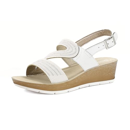 inblu Damen-Sandalen mit Doppelbändern, Strass und verstellbarem Riemen, gepolstertes Fußbett und Absatz 5 cm, 35 bis 41, Weiß, 38 EU, Weiß, 38 EU von inblu