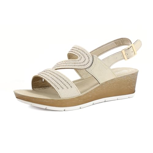 inblu Damen-Sandalen mit doppeltem Riemen, Strass und verstellbarem Riemen, gepolstertes Fußbett und Absatz 5 cm, 35 bis 41, Platin, 37 EU, Platin, 37 EU von inblu