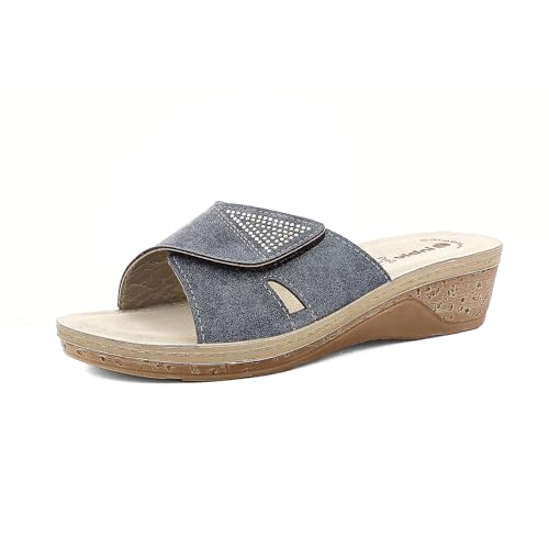 inblu Damen Strasssteinen und verstellbarem Klettverschluss, Fußbett aus echtem Leder, von 35 bis 41 Schiebe-Sandalen, blau, 38 EU von inblu