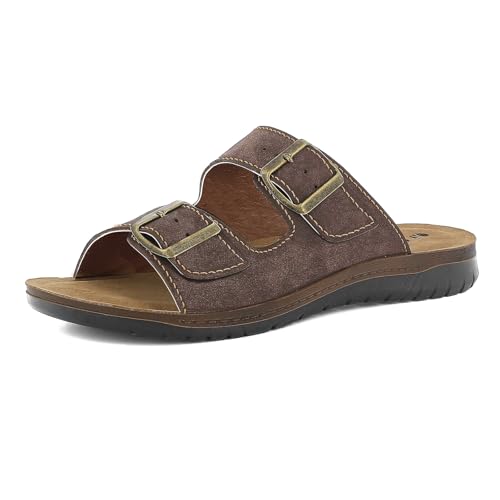 inblu Herren Ciabatte Uomo Con Doppia Fibbia Regolabile, Plantare In Pelle Imbottito Hausschuh, Dunkelbraun, 44 EU von inblu