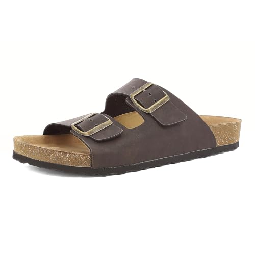 inblu Herren-Hausschuhe mit doppeltem Band und verstellbaren Schnallen, gepolstertes Fußbett aus echtem Leder, von 40 bis 46 Schiebe-Sandalen, Dunkelbraun, 45 EU von inblu